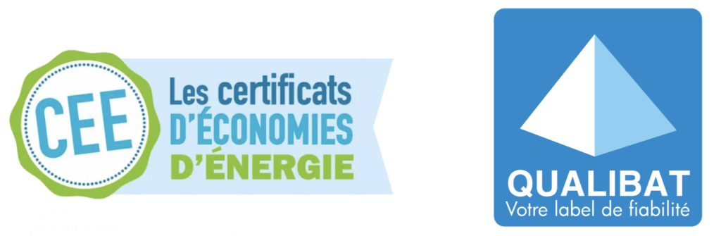 Logo Qualibat qui est un organisme français de qualification et de certification des entreprises du bâtiment. Logo des Certificats d'Economie d'Energie (CEE) qui sont le principal outil d'aide à la rénovation énergétique des bâtiments.